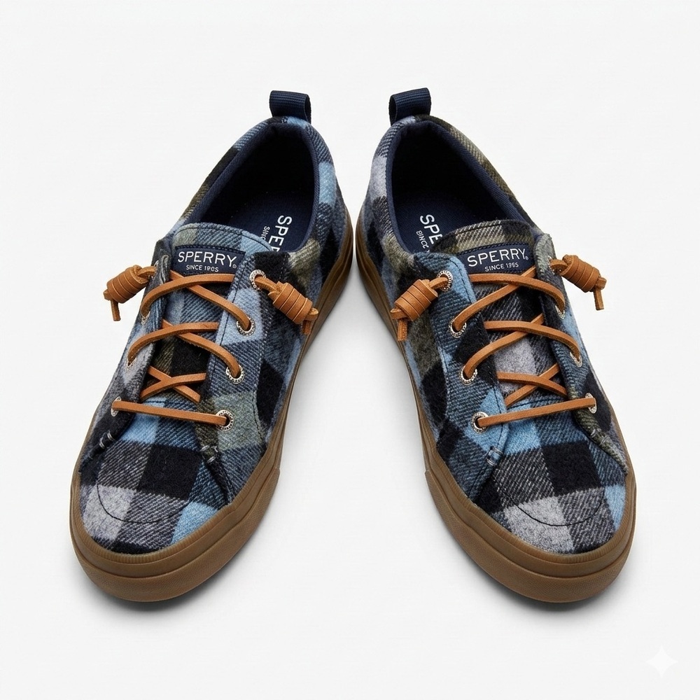 Sperry Womens Crest Vibe Plaid Wool Sneakers Navy Blue Size 7
